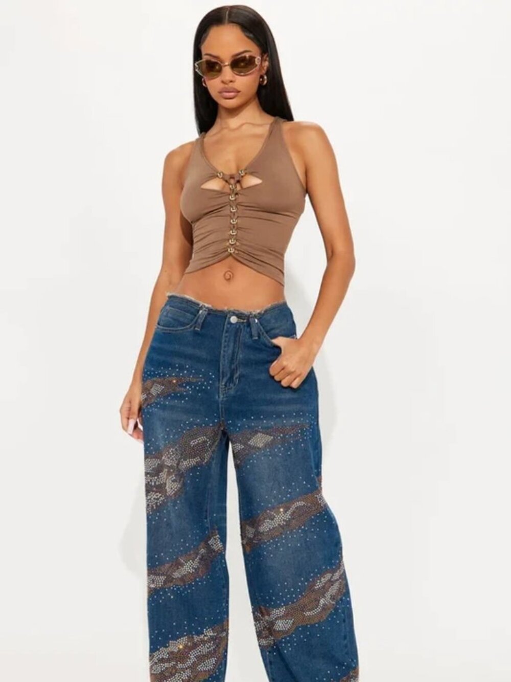Dazzle Me Embellished Baggy Barrel Leg Jeans - Dark Wash